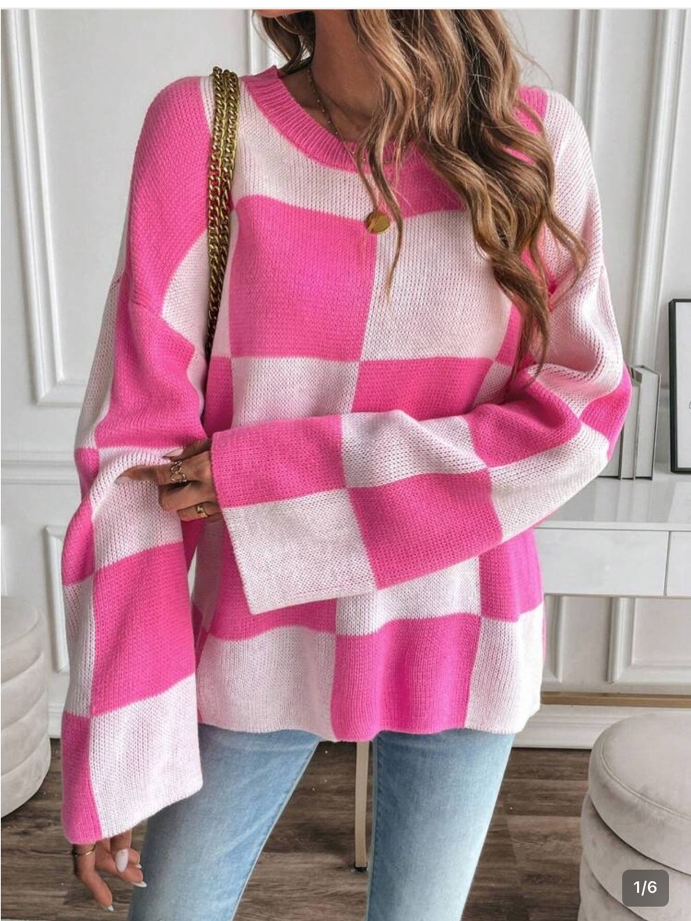 SHEIN Pink and White Checkered Crewneck Sweater NWOT Size M - Picture 8 of 9